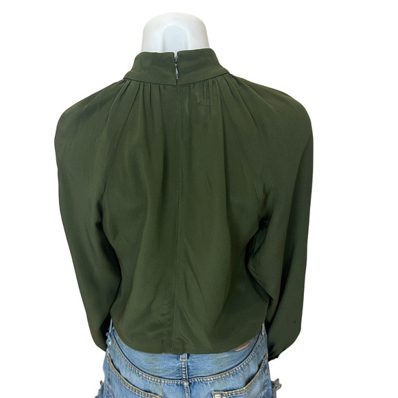 CO Olive Green Wrap Top MEDIUM Balloon Sleeve Career Mockneck Silk Designer $900 - Picture 9 of 12